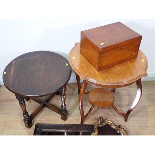 762 - A walnut Occasional Table, an oak circular Occasional Table, an oak Box and a gilt Wall Mirror