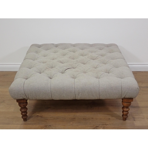 765 - A modern grey button upholstered square Footstool on oak legs 3ft 3in W x 1ft 3in H