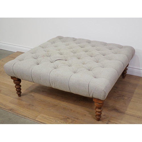 765 - A modern grey button upholstered square Footstool on oak legs 3ft 3in W x 1ft 3in H