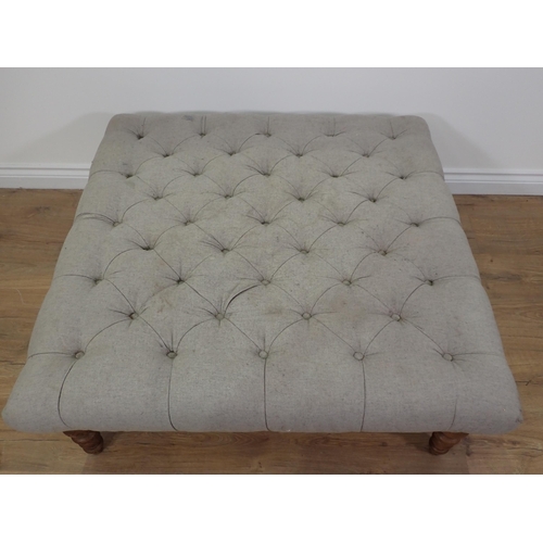 765 - A modern grey button upholstered square Footstool on oak legs 3ft 3in W x 1ft 3in H