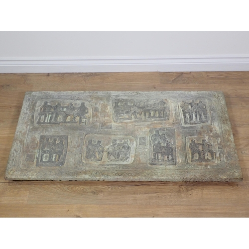 766 - A relief moulded composite stone Plaque depicting seated figures 3ft 6in W x 1ft 9in H