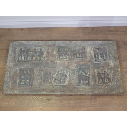 766 - A relief moulded composite stone Plaque depicting seated figures 3ft 6in W x 1ft 9in H