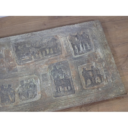 766 - A relief moulded composite stone Plaque depicting seated figures 3ft 6in W x 1ft 9in H