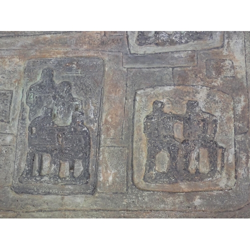 766 - A relief moulded composite stone Plaque depicting seated figures 3ft 6in W x 1ft 9in H