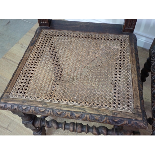 784 - A Victorian mahogany and inlaid Corner Chair and a pair of Victorian oak Hall Chairs with barley twi... 