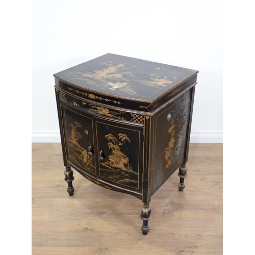 785 - A chinoiserie lacquered Wash Cupboard with hinged lid above pair of cupboard doors 2ft 8in H x 2ft W