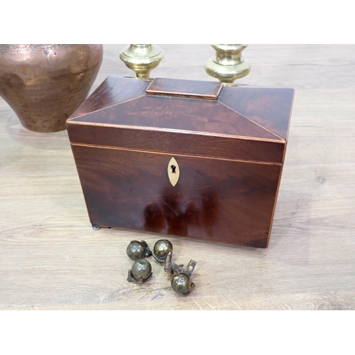 786 - A Regency mahogany Tea Caddy with claw and ball feet A/F, Dresser style Hot Water Jug, pair of brass... 