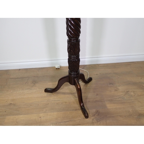 790 - A mahogany Standard Lamp on spiral fluted column and tripod base with shade 5ft 10in H