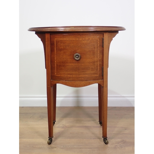 798 - An Edwardian mahogany and inlaid oval Bedside Cupboard fitted single door 2ft 3in H x 1ft 11in W