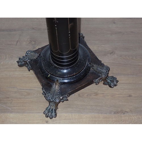 808 - An antique ebonised Torchere with gilt metal swag decoration and paw feet (woodworm) 3ft 3in H