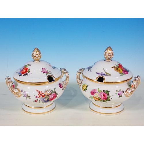 811 - A pair of Crown Derby lidded Tureens with painted floral bouquet decoration (One Restored), 7in H