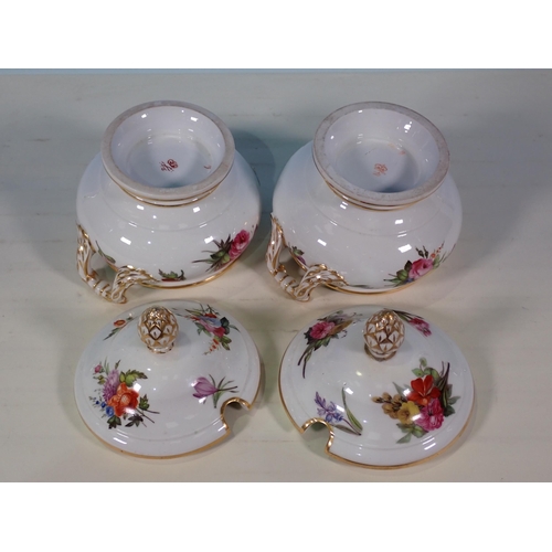 811 - A pair of Crown Derby lidded Tureens with painted floral bouquet decoration (One Restored), 7in H