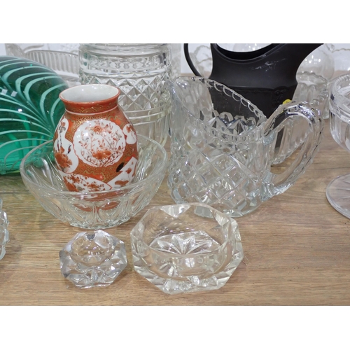 818 - Two glass Paperweights, Satsuma Vase, Wedgwood basalt Jug and various other glassware