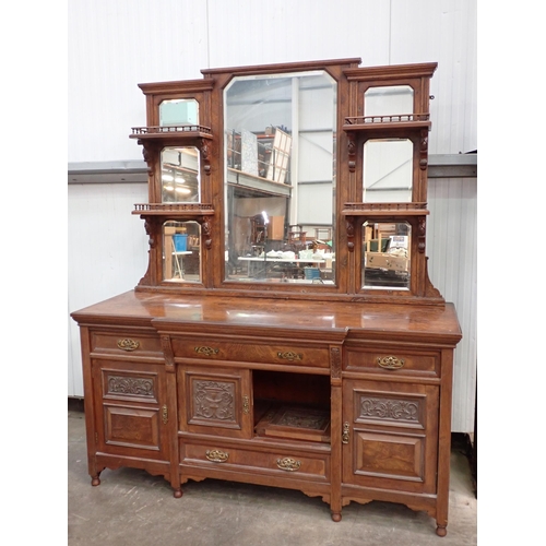 827 - A Victorian walnut mirror back Sideboard fitted three drawers and four cupboard doors 7ft H x 5ft 10... 