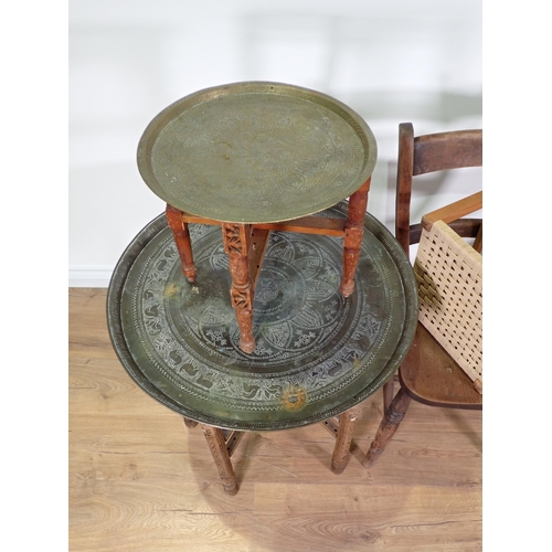 86 - Two brass topped folding Eastern Tables, a metal Christmas tree Stand, Basket, bar-back Chair and a ... 