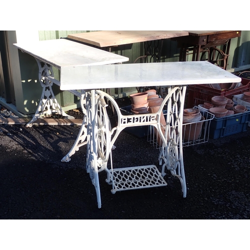 861 - Two marble topped Tables with cast iron sewing machine table bases