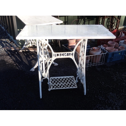 861 - Two marble topped Tables with cast iron sewing machine table bases