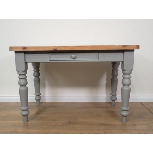 91 - A grey painted pine scrub top Kitchen Table on turned supports 4ft x 2ft 7in