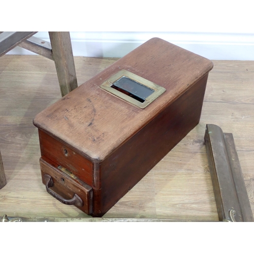 93 - An O'Brien mahogany Till, Soda Dispenser, brass Tray, brass mounted Martingale and a brass Fender