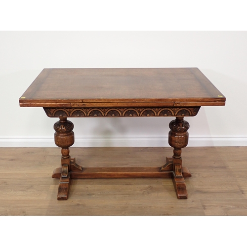 95 - An oak draw-leaf Dining Table 6ft W x 2ft 6in H and six brown leather upholstered Dining Chairs