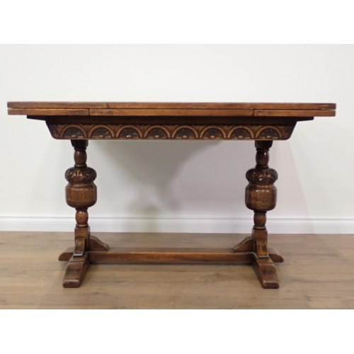 95 - An oak draw-leaf Dining Table 6ft W x 2ft 6in H and six brown leather upholstered Dining Chairs