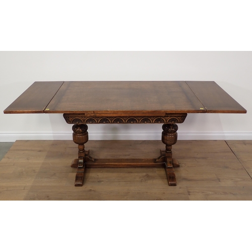 95 - An oak draw-leaf Dining Table 6ft W x 2ft 6in H and six brown leather upholstered Dining Chairs