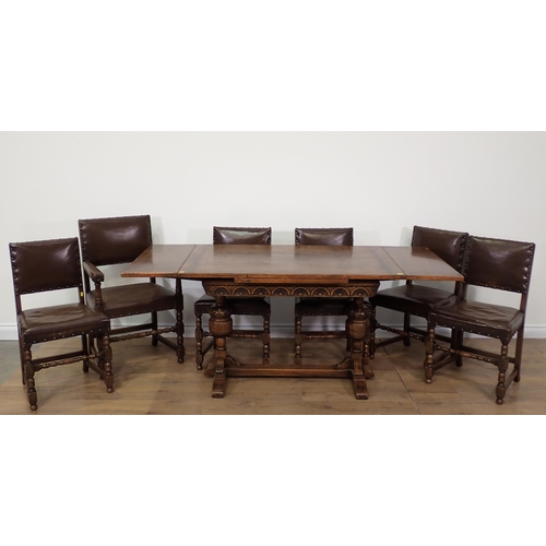 95 - An oak draw-leaf Dining Table 6ft W x 2ft 6in H and six brown leather upholstered Dining Chairs