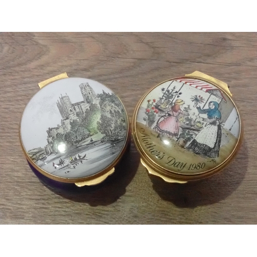 99 - A Halcyon Days enamel circular Box 'Mother's Day 1980', another 'Durham Cathedral' and a Royal Copen... 