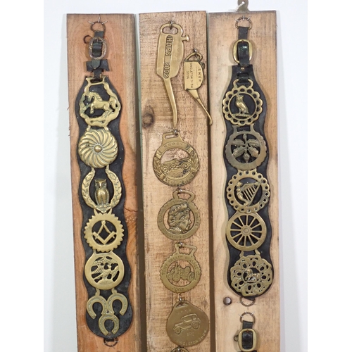 11 - Three wooden boards mounted with Horse Brasses