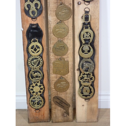 11 - Three wooden boards mounted with Horse Brasses