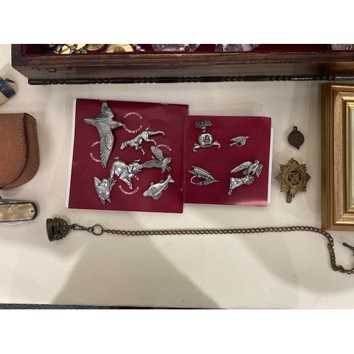 210 - An oak Box containing a collection of Attleborough Accessories sporting and wildlife Brooches and va... 