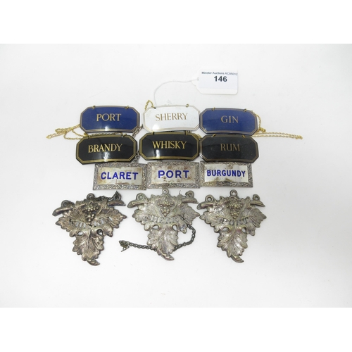 146 - Three silver and blue enamel Bottle Tickets - Burgundy, Claret and Port and nine other Bottle Ticket... 