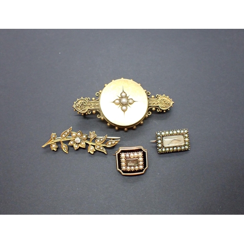 178 - Two Victorian Seed Pearl Brooches and two Lace Pins enclosing woven hair within frame of seed pearls