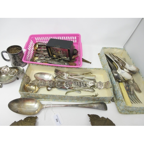 202 - A white metal Chain Belt, pair of Grape Scissors, quantity of plated Cutlery and pair of French bras... 