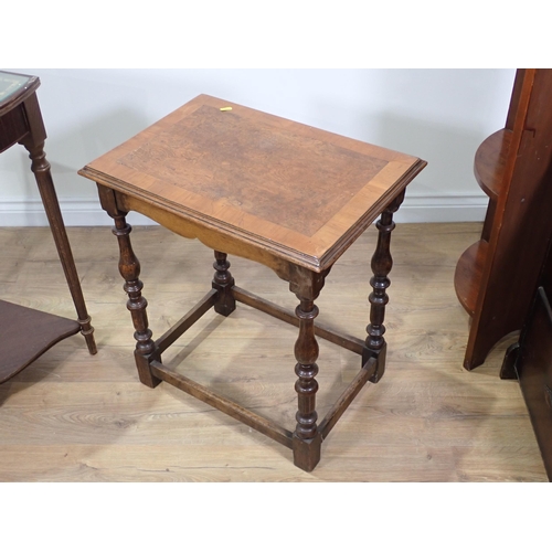 29 - A yew wood Occasional Table on oak turned supports 2ft 1in H x 1ft 10in W, a mahogany Corner Shelf, ... 