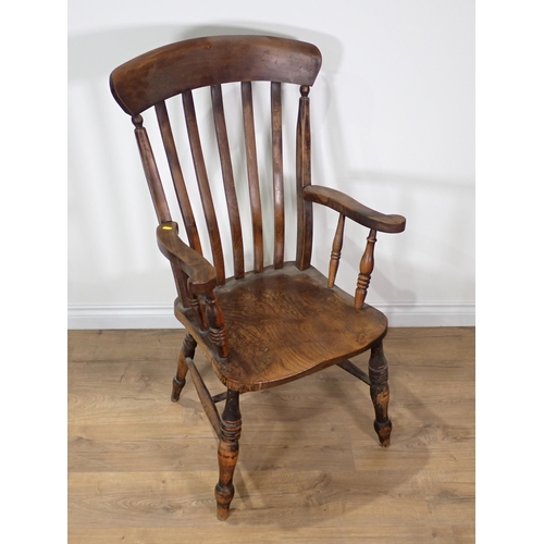 330 - A 19th Century ash and elm lathe back Kitchen Armchair on turned supports and H-stretcher 3ft 7in H ... 