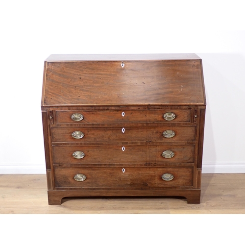 343 - A George III mahogany and satinwood strung Bureau, the fall front enclosing ten satinwood drawers an... 