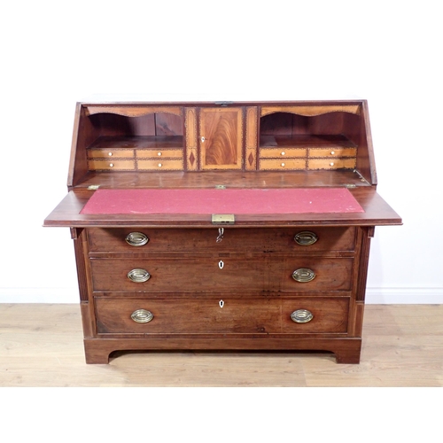 343 - A George III mahogany and satinwood strung Bureau, the fall front enclosing ten satinwood drawers an... 