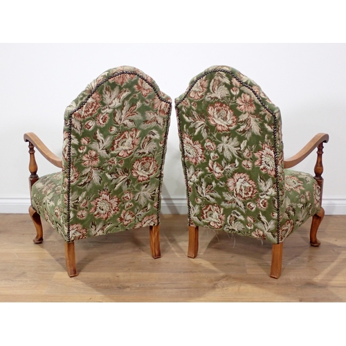 350 - A pair of mahogany framed open Armchairs with humpbacks and green floral upholstery 2ft 11in H x 1ft... 