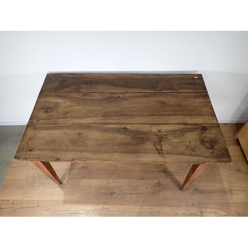 352 - A Farmhouse Table with three plank top on square cut tapering supports 4ft 4in W x 2ft 4in H