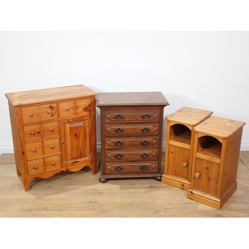 353 - A modern pine Chest of ten drawers fitted single cupboard door, a small oak veneered Chest of drawer... 