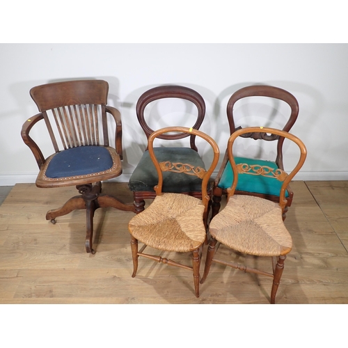 364 - A beechwood swivel Office Chair, a pair of Victorian Bedroom Chairs and two Victorian balloon back D... 