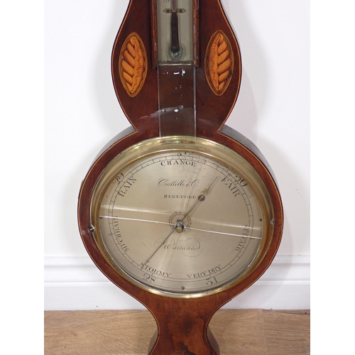 394 - A 19th Century mahogany and inlaid banjo Barometer by Cattelli & Co, Hereford A/F