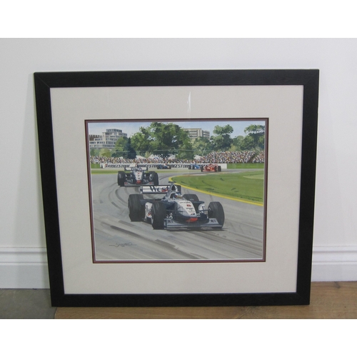 418 - SIMON WARD. Mika Hakkinen at the 1998 Grand Prix, signed, watercolour, 13 1/2 x 16in