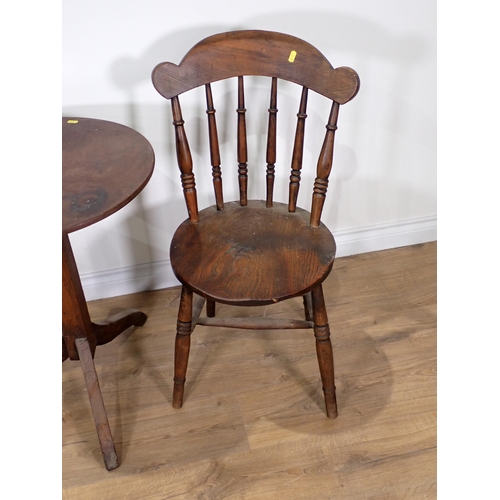 42 - An ash and elm spindle back Kitchen Chair, a Pillar Table and an ash Stool