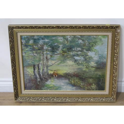 425 - JOHN IVES. A child sitting on the banks of a stream by trees, signed, oil on canvas board, 16 x 24in... 