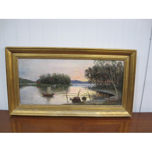 434 - ENGLISH SCHOOL. A tranquil river landscape, oil on canvas, 10 x 22 1/2in; an unframed oil portrait s... 