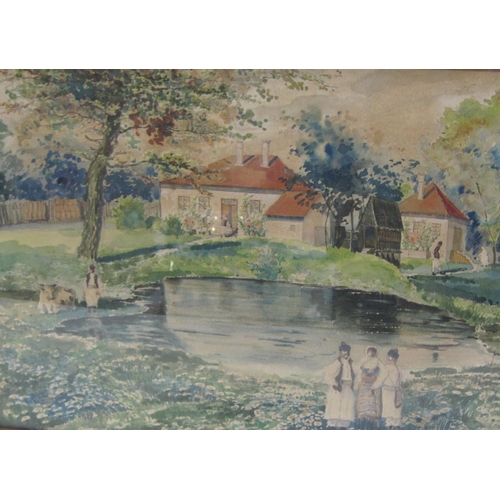 439 - CONTINENTAL SCHOOL, 1919. Rural landscape with figures by ponds, indistinctly signed and dated 1919,... 