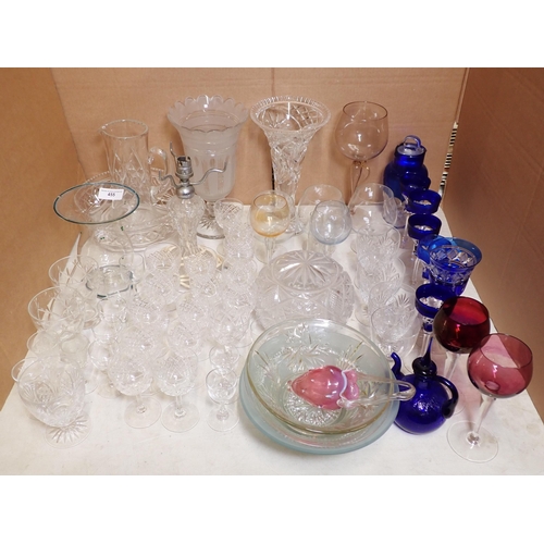 455 - A collection of glass including Table Lamp, Vases, blue glass Suite, Bowls and Drinking Glasses