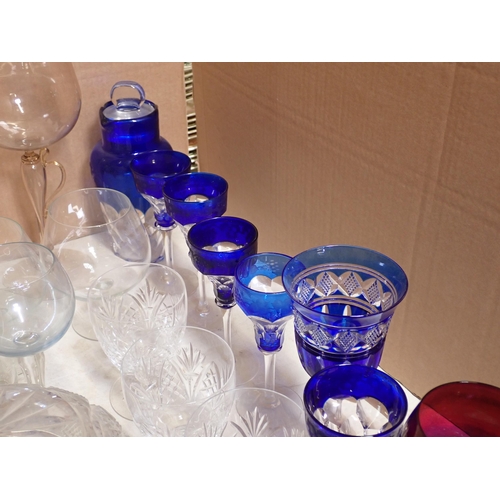 455 - A collection of glass including Table Lamp, Vases, blue glass Suite, Bowls and Drinking Glasses